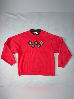 VTG 90's Red Top Stitch Granny Square Embroidered Sweatshirt Size L